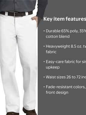 Dickie's Men's 874 Original-Fit White 30x30 New No Tags